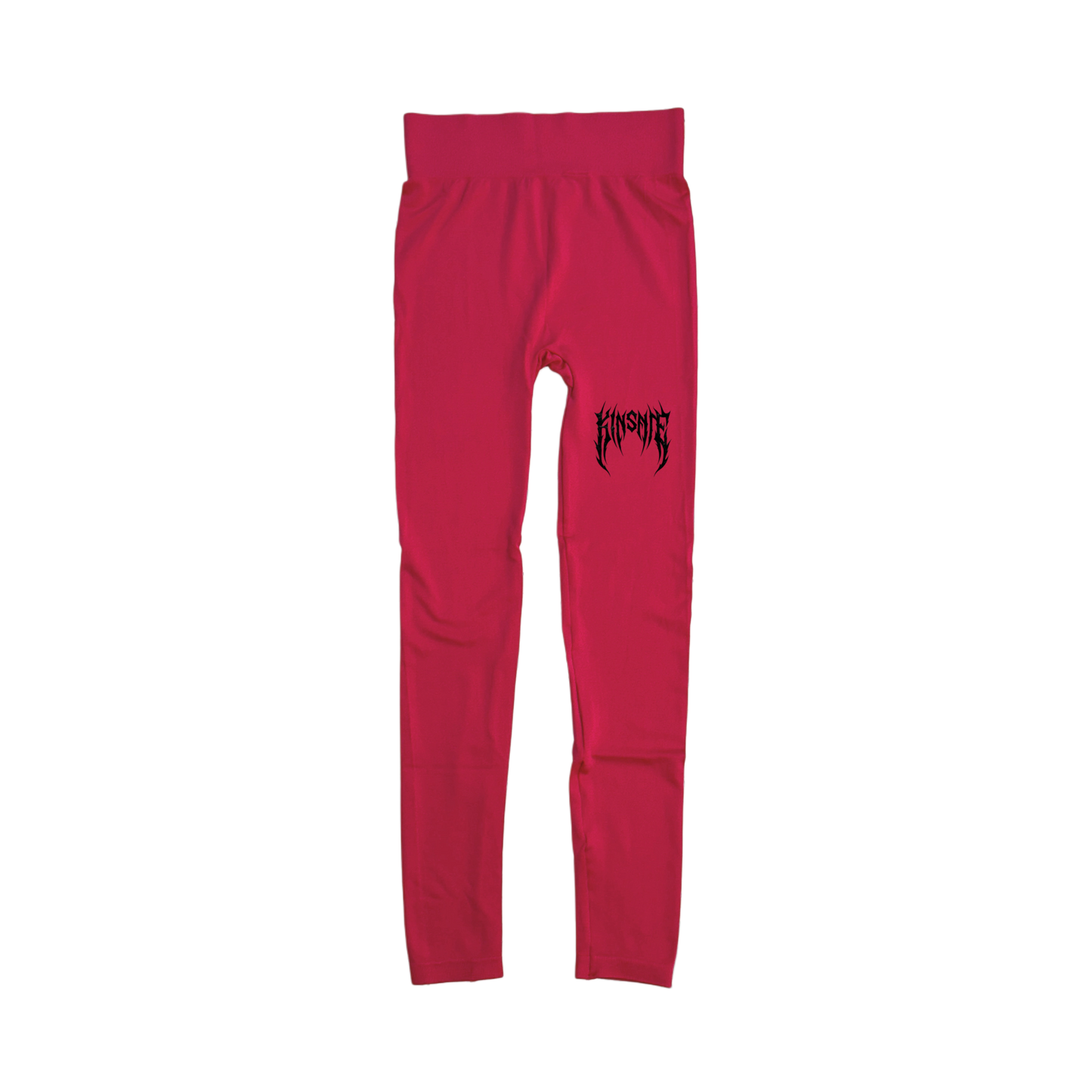 Pink compression leggings with a black tribal lettering reading “KINSANE” on the right leg 