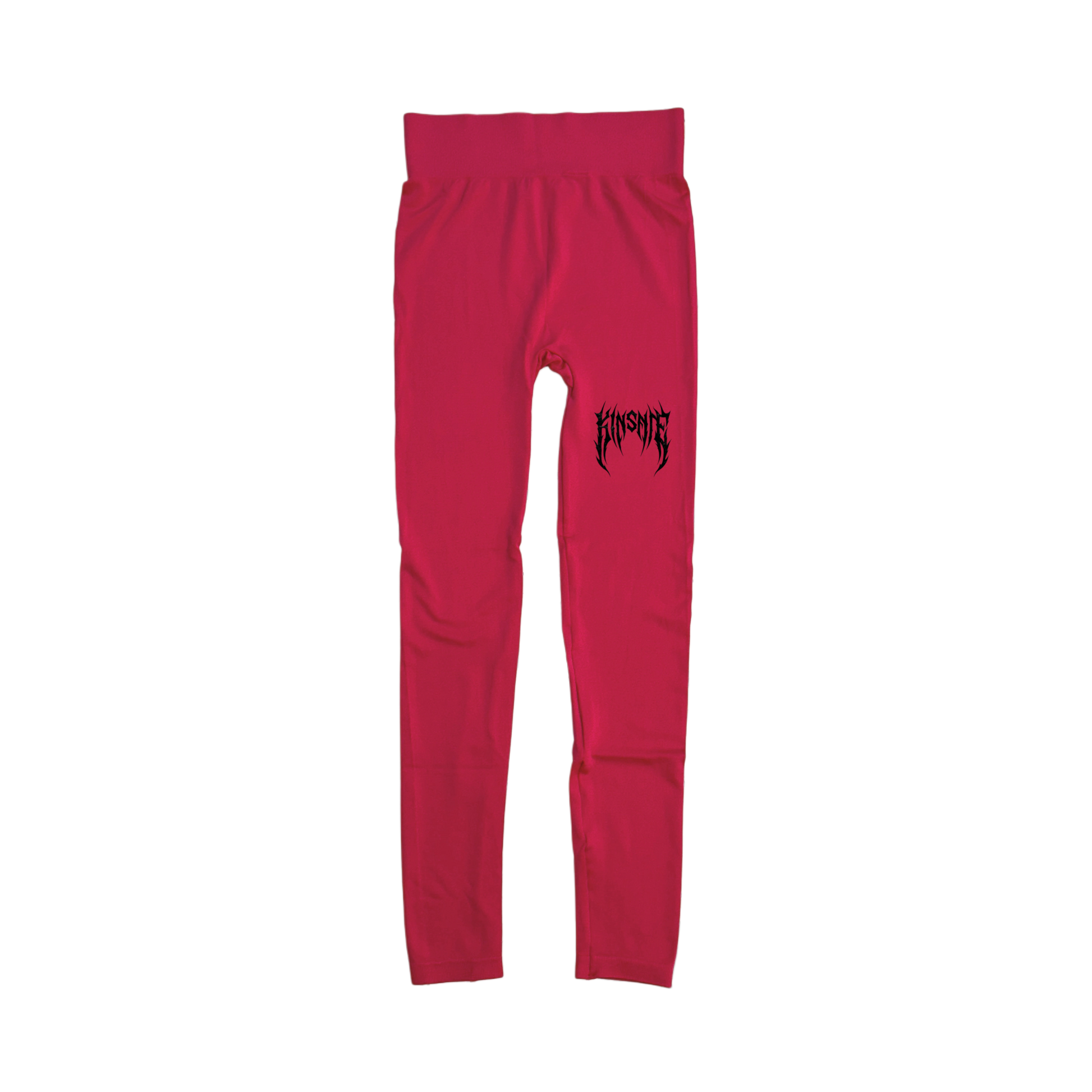 Pink compression leggings with a black tribal lettering reading “KINSANE” on the right leg 