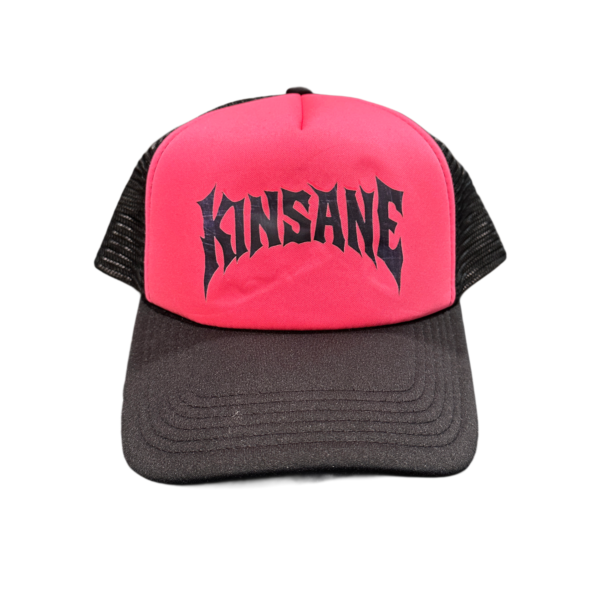 Mesh trucker hat with pink front panel and grey heavy metal lettering reading “KINSANE” 