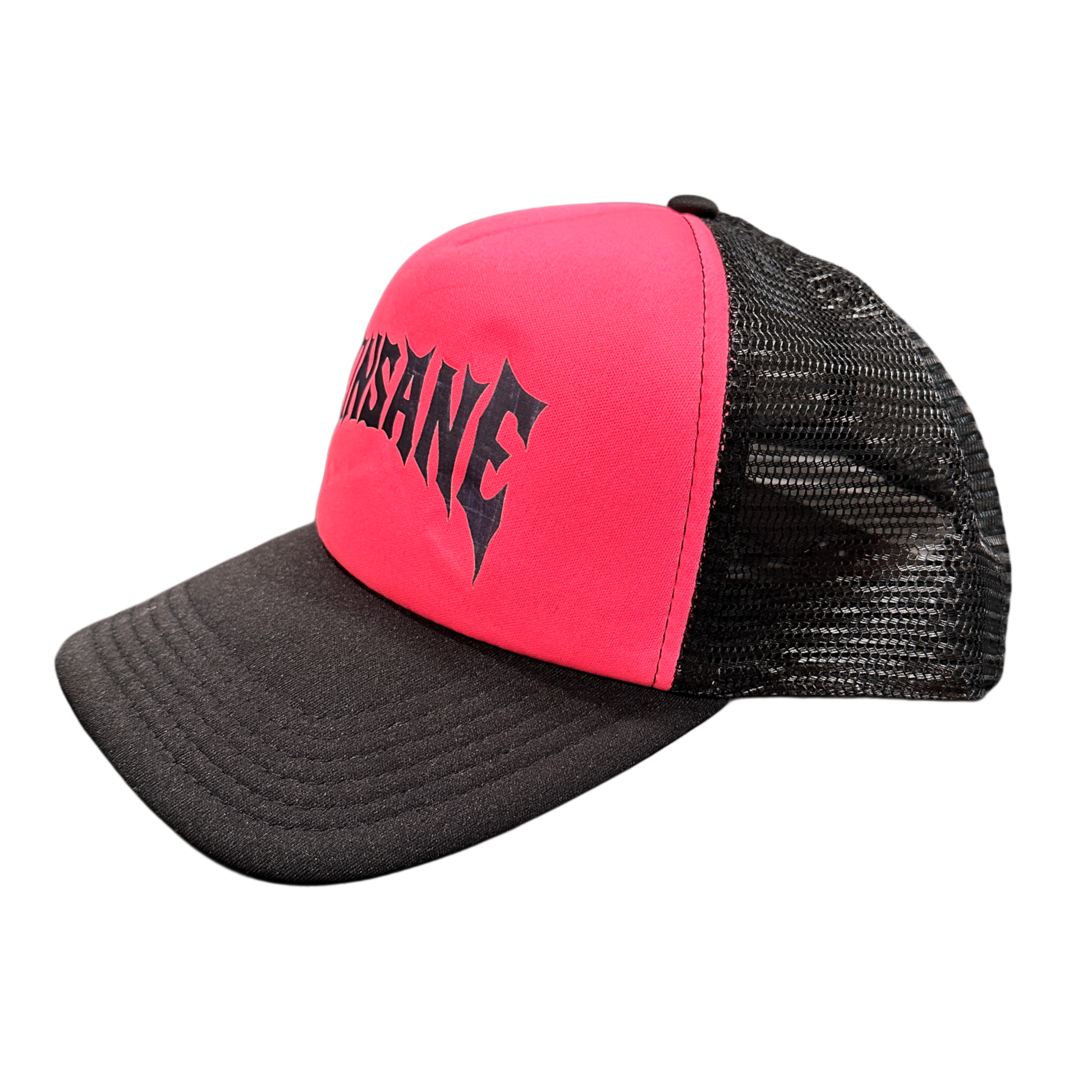 Side view of Mesh trucker hat with pink front panel and grey heavy metal lettering reading “KINSANE” 