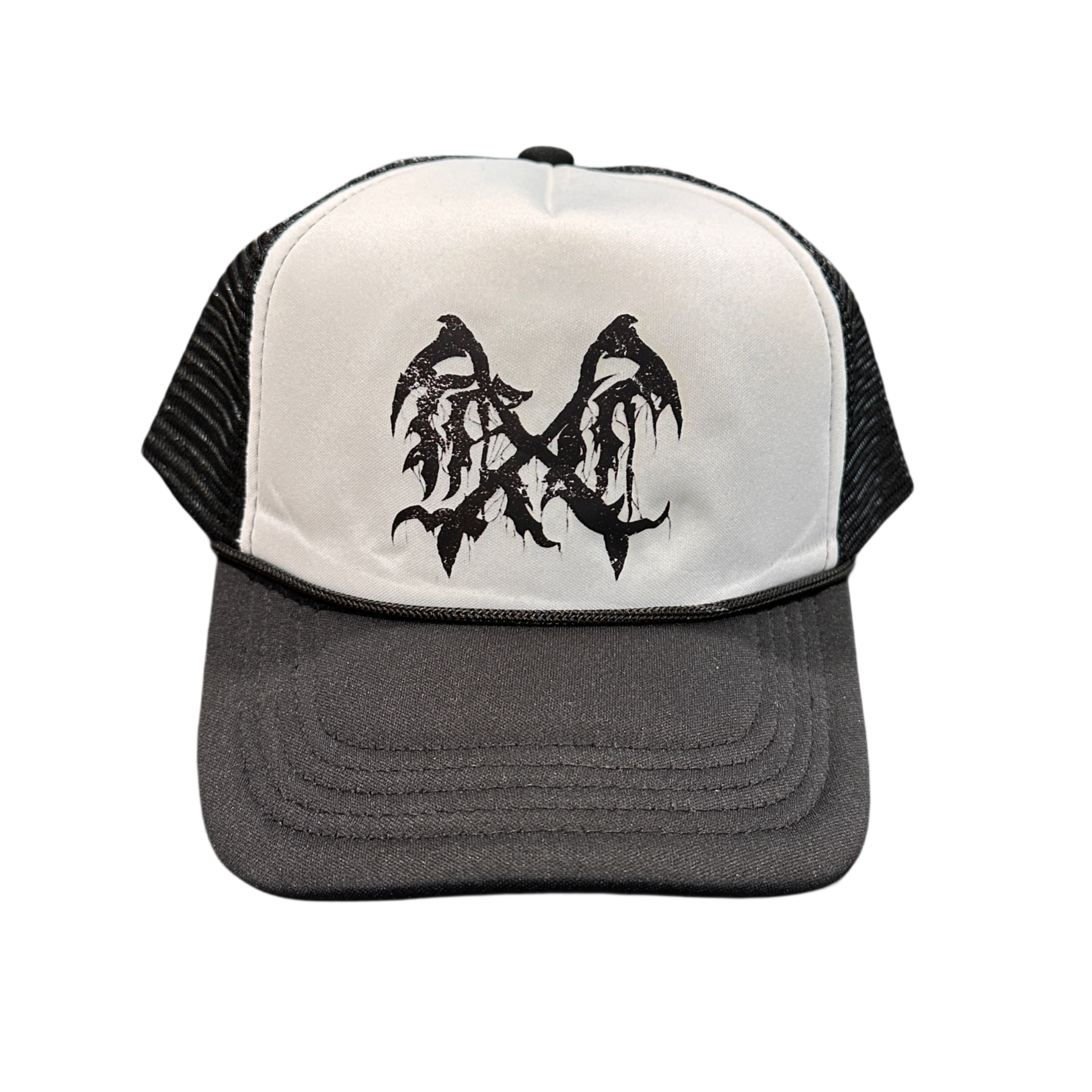 Mesh trucker hat with white front panel with a black logo in the middle 