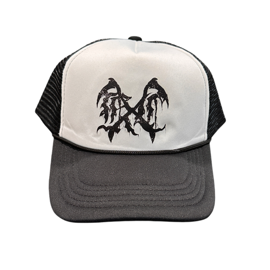 Mesh trucker hat with white front panel with a black logo in the middle 