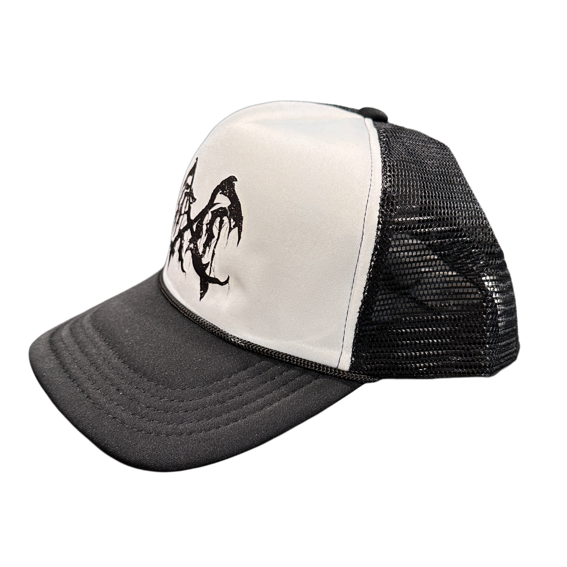 Side view of Mesh trucker hat with white front panel with a black logo in the middle 