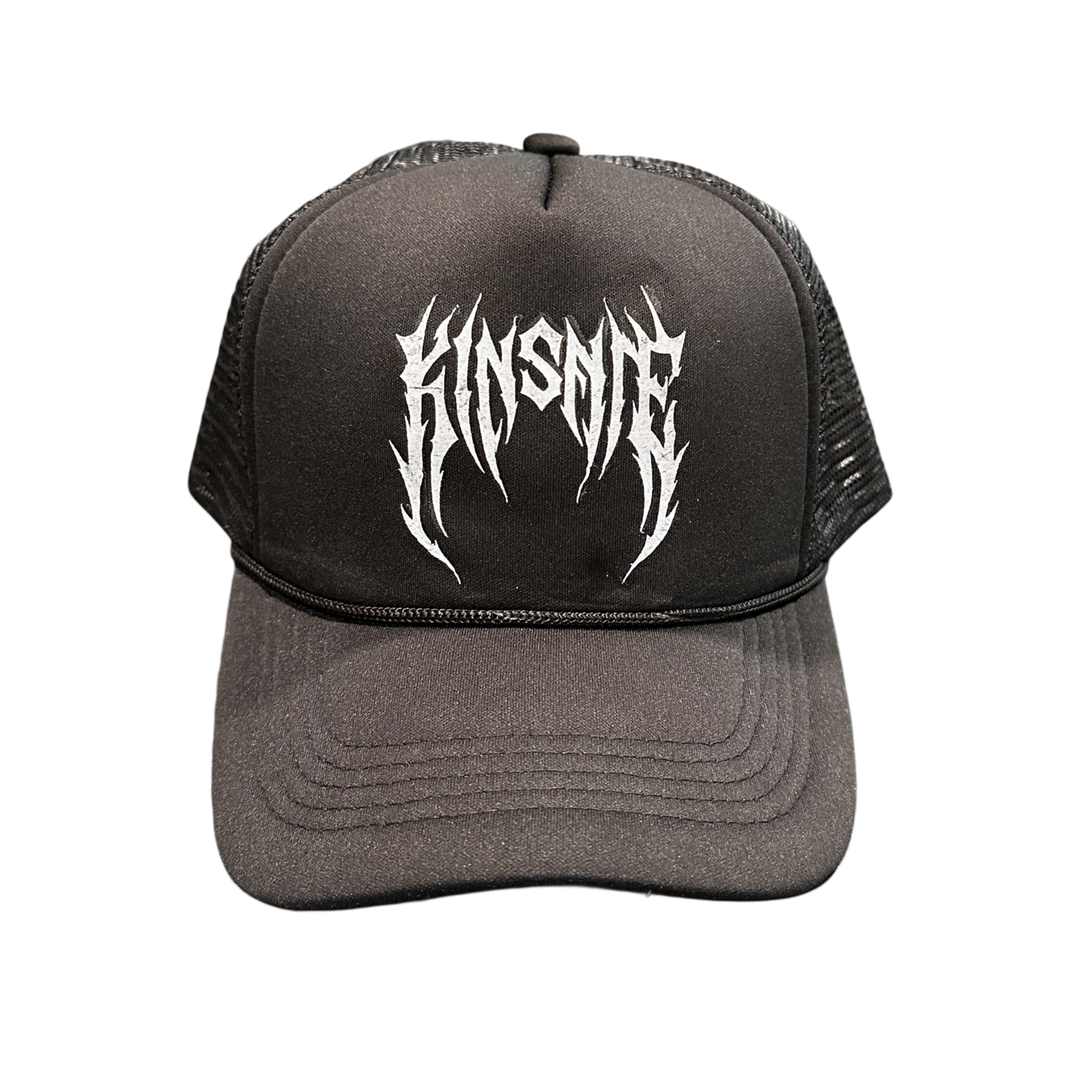 Mesh trucker hat with black front panel with white tribal lettering reading “KINSANE”