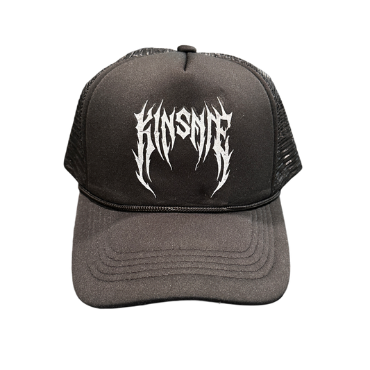 Mesh trucker hat with black front panel with white tribal lettering reading “KINSANE”