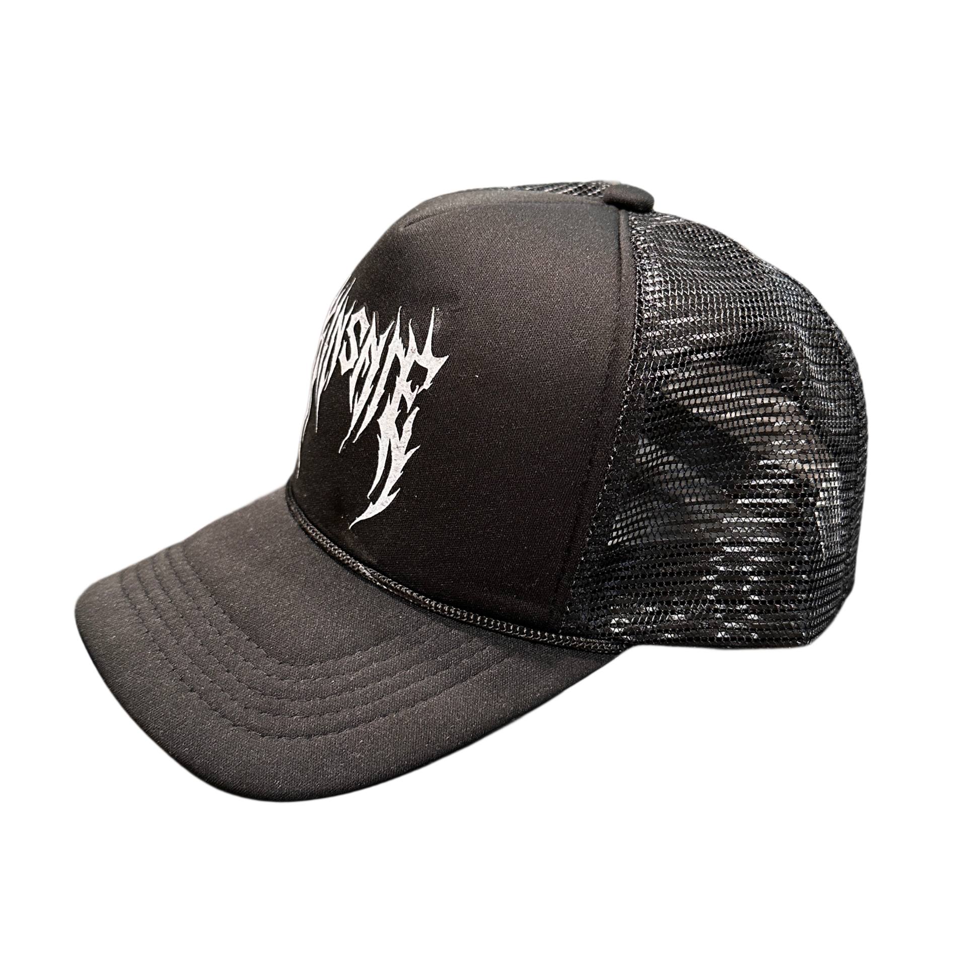 Side view of Mesh trucker hat with black front panel with white tribal lettering reading “KINSANE”