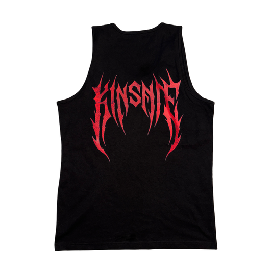 Back view of a black tank top with red tribal letters reading “KINSANE” 