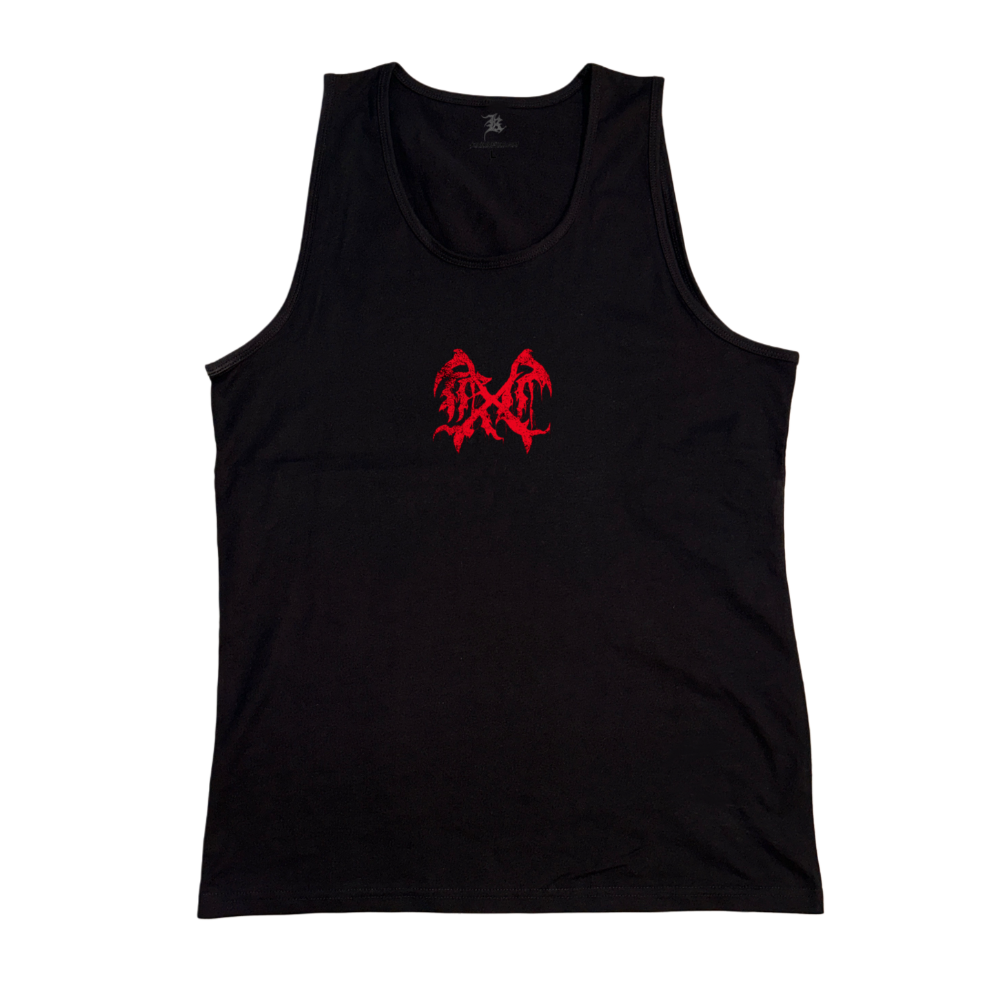 black tank top with red logo in the middle 