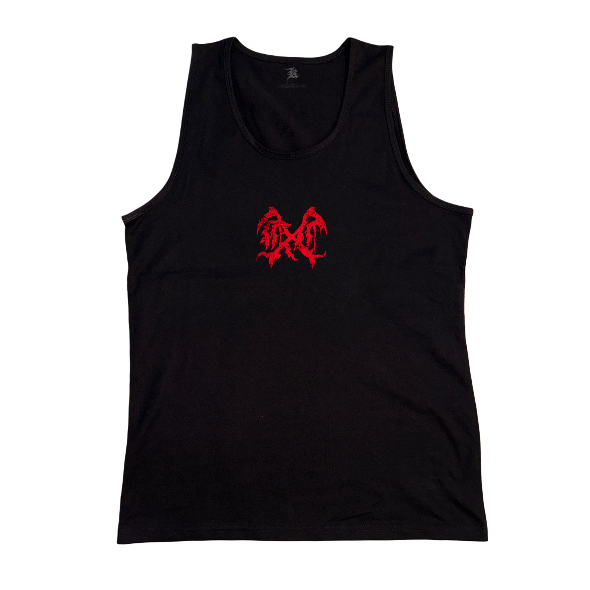 black tank top with red logo in the middle 