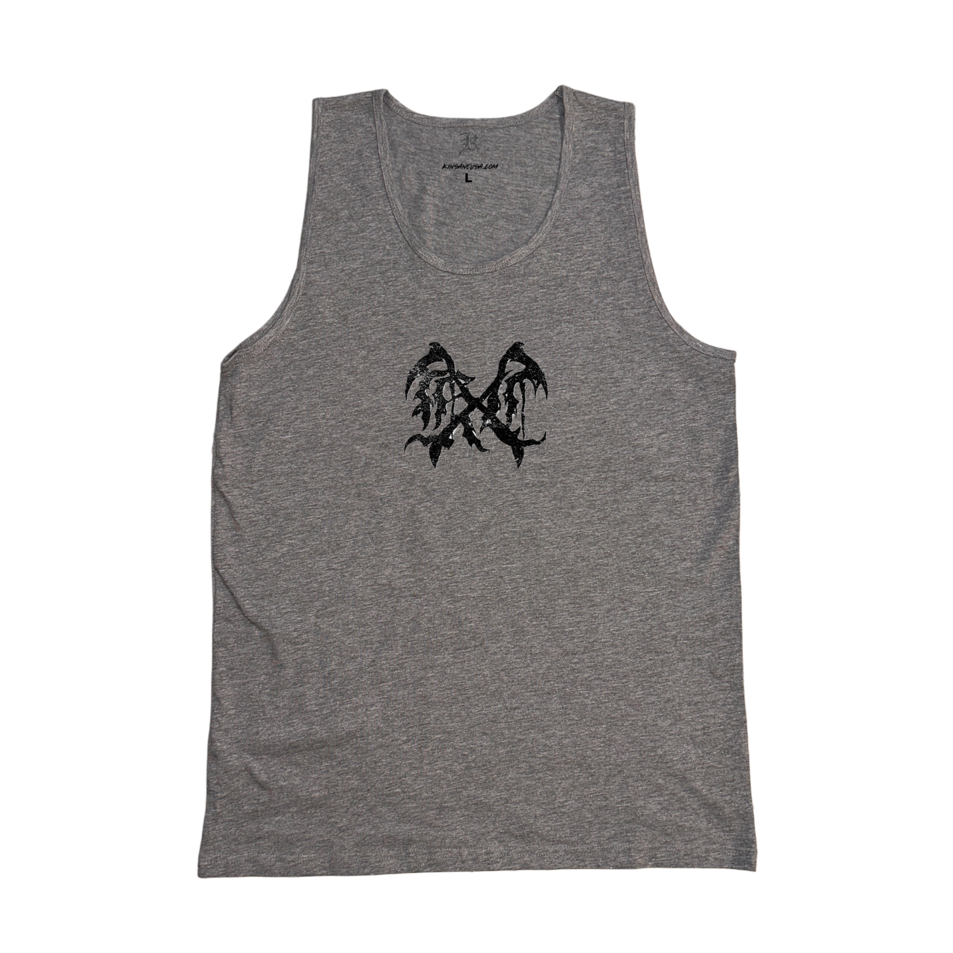 Grey tank top with a black logo on the front 