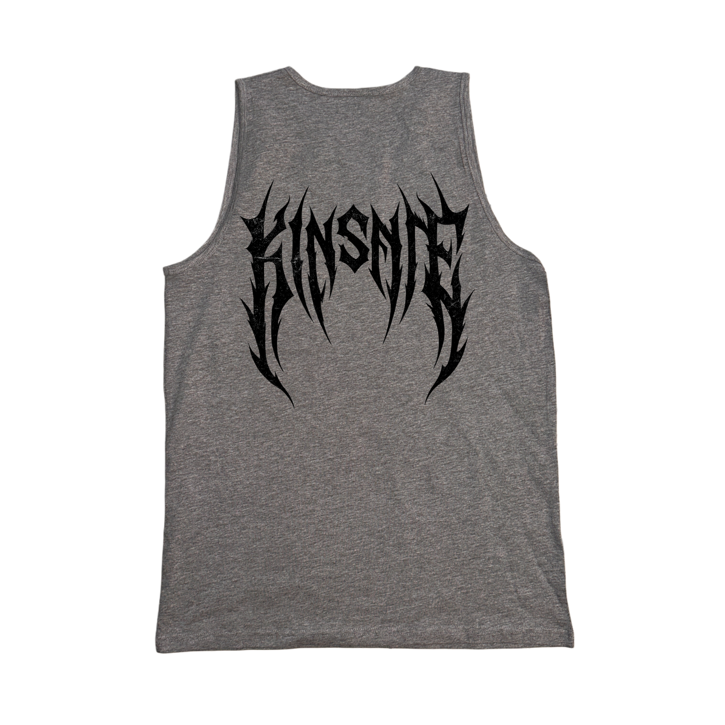 Back view of gray tank top with black tribal letters reading “KINSANE” 