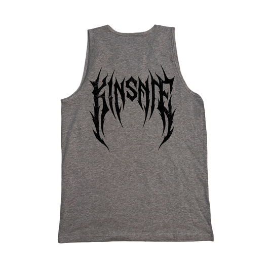 Back view of gray tank top with black tribal letters reading “KINSANE” 