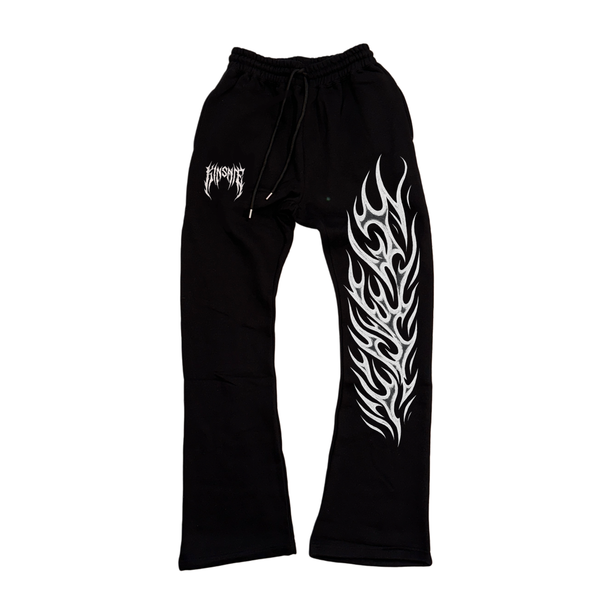 Black stacked sweatpants with white tribal lettering reading “KINSANE” on the left side and white tribal flames on the right side 