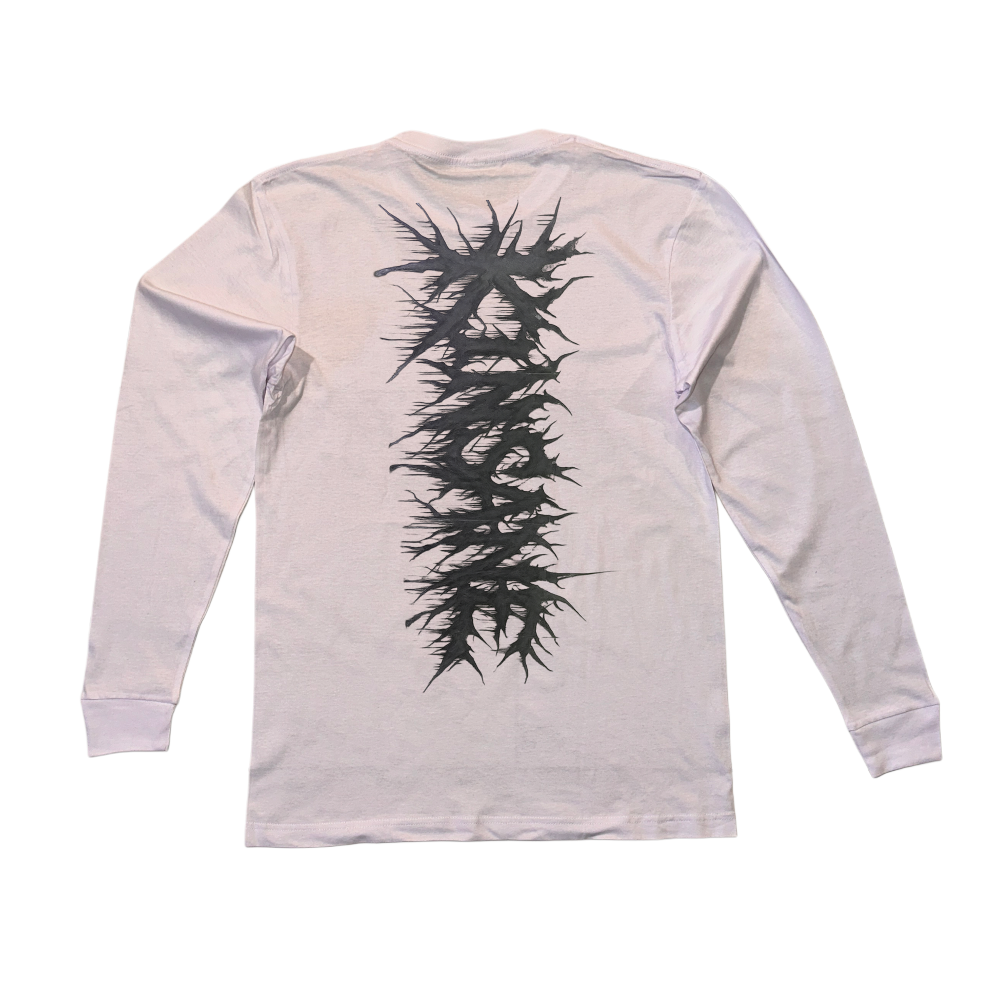 Back view of a white long sleeve T-shirt with black chaotic lettering reading “KINSANE” 