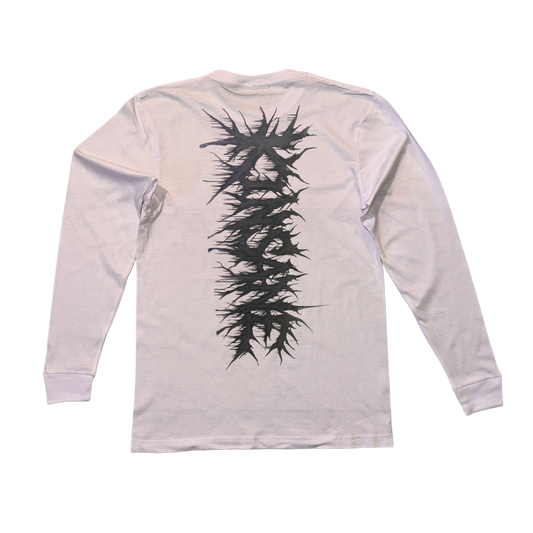 Back view of a white long sleeve T-shirt with black chaotic lettering reading “KINSANE” 