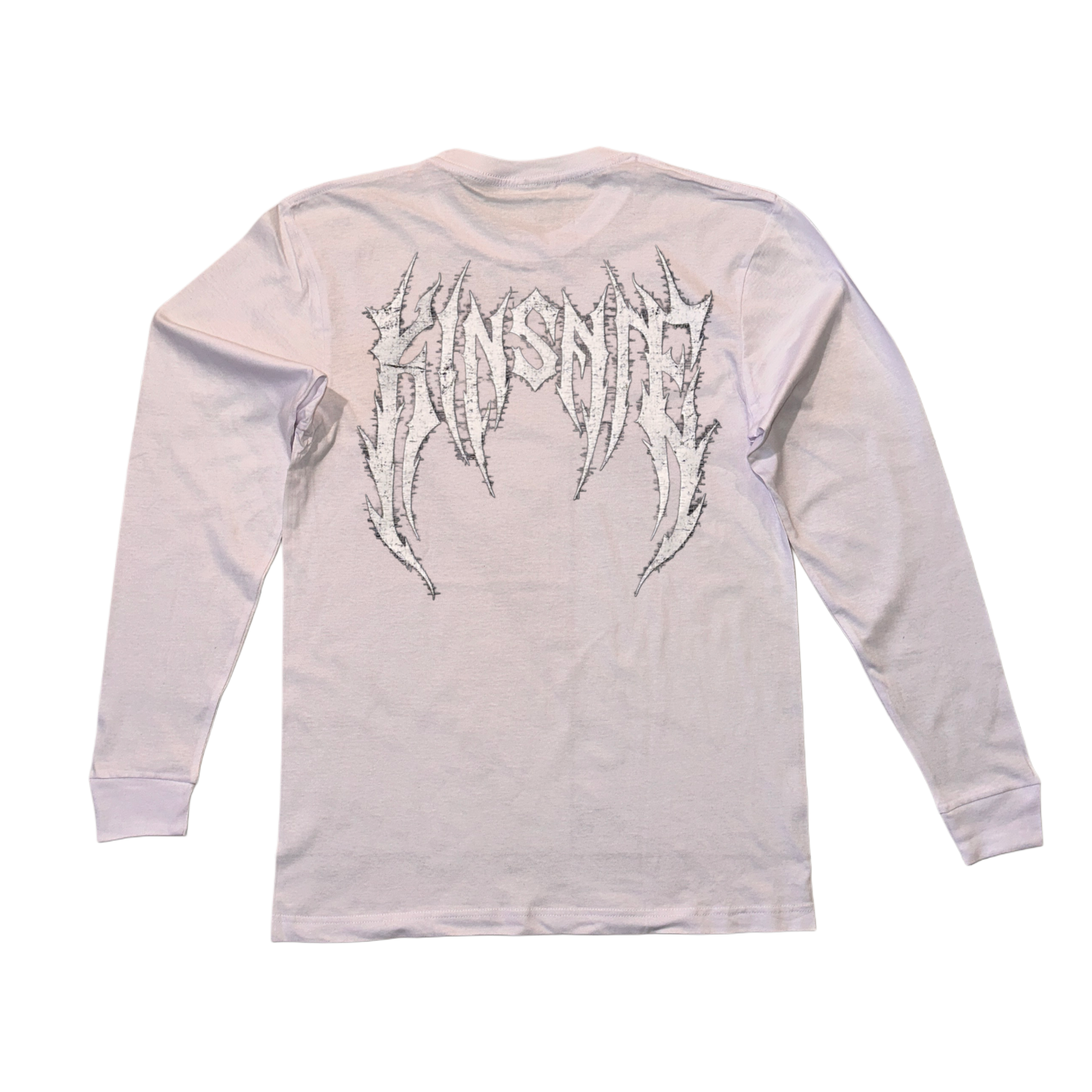 Back view of a long sleeve white T-shirt with white tribal lettering reading “KINSANE” 