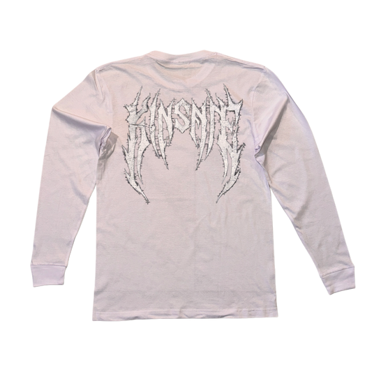 Back view of a long sleeve white T-shirt with white tribal lettering reading “KINSANE” 