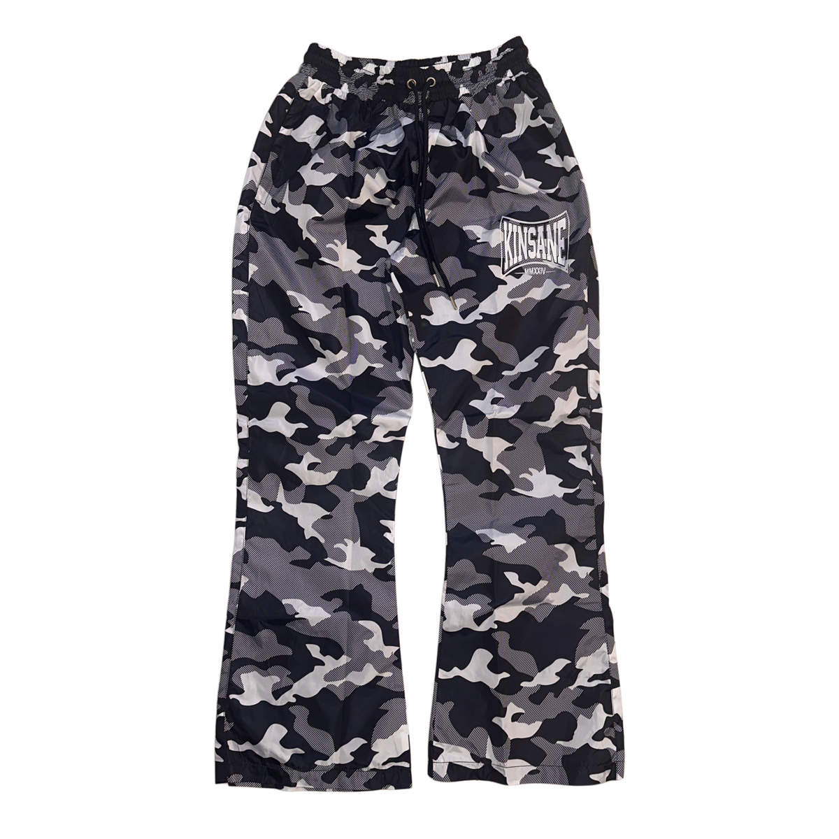 Camo baggy sweatpants with white logo lettering on the right side reading “KINSANE MMXXIV” 