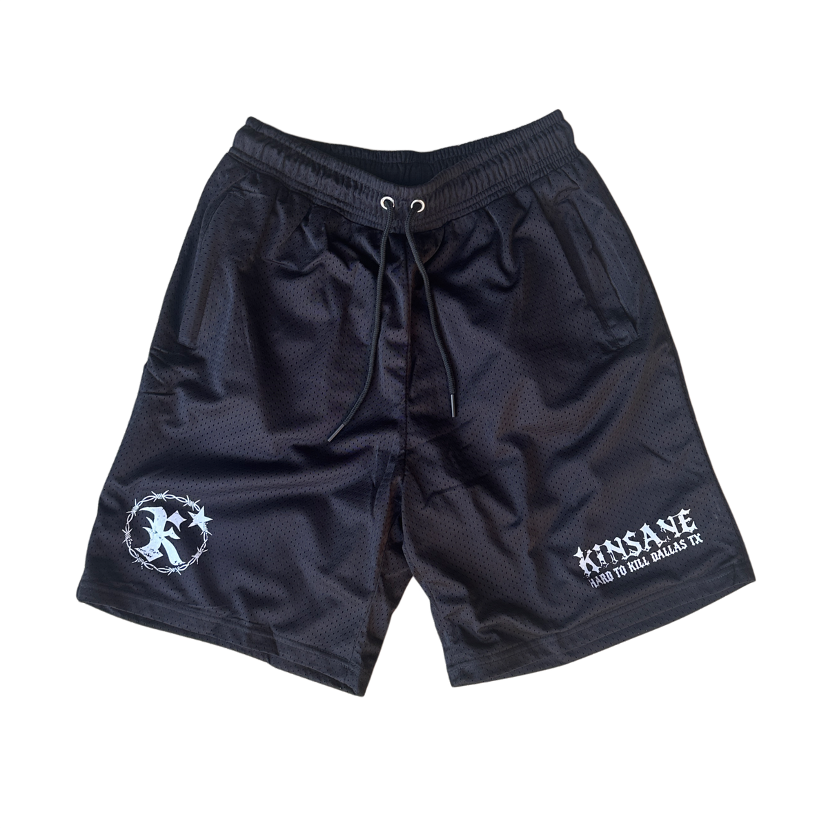 Black mesh shorts with black drawstrings and white logos on both sides reading “KINSANE HARD TO KILL DALLAS TX” and “K” 
