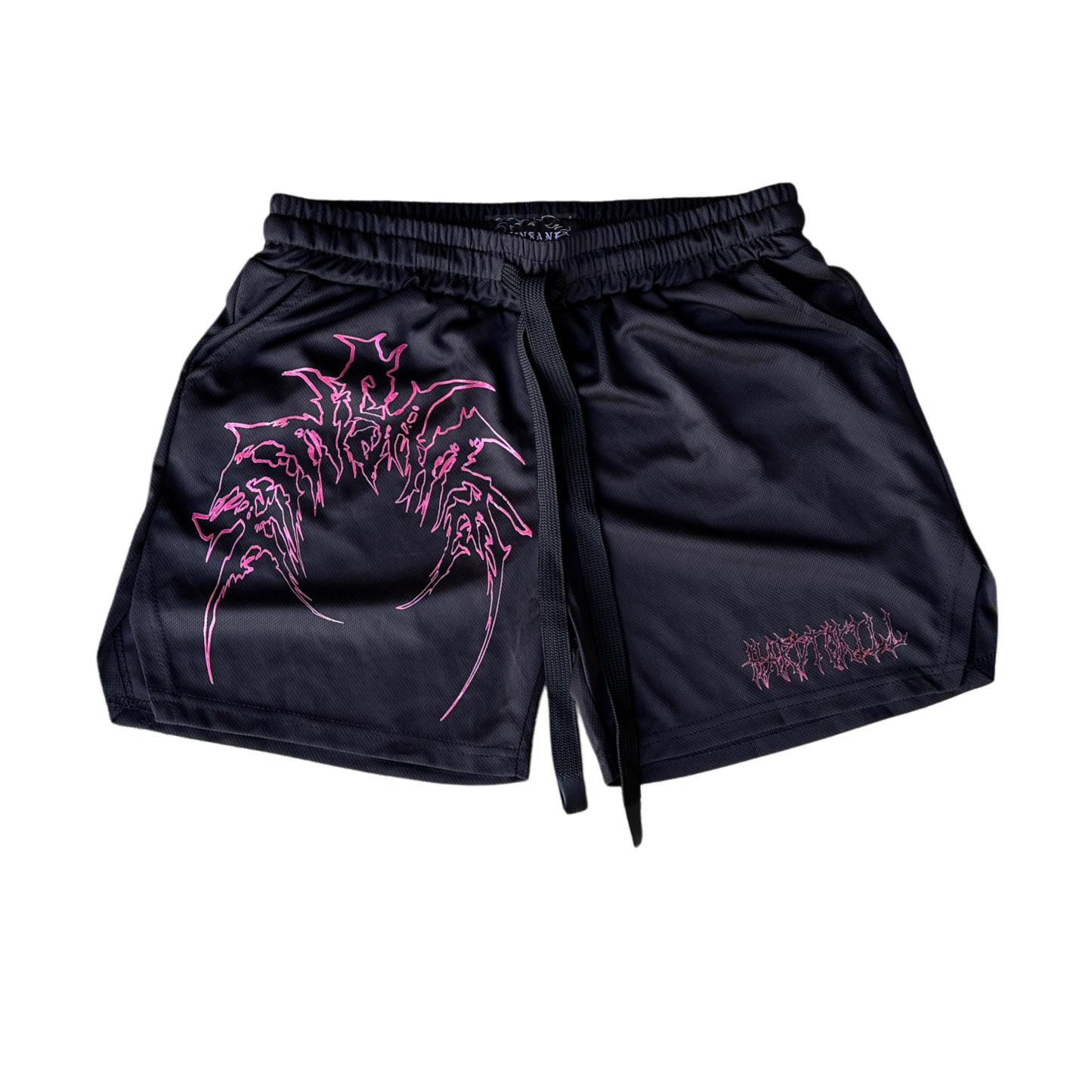 Black athletic shorts with elastic waistband and black drawstrings with red outlined tribal lettering reading “KINSANE” on the right leg and red tribal outlined lettering reading “HARDTOKILL” on the left leg