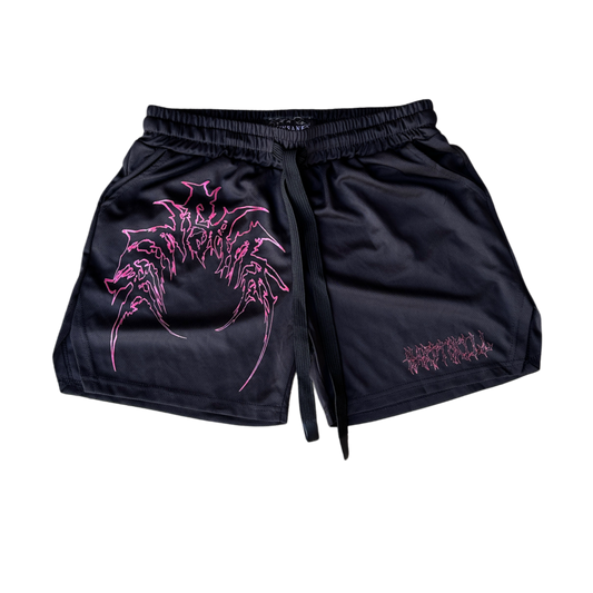 Black athletic shorts with elastic waistband and black drawstrings with red outlined tribal lettering reading “KINSANE” on the right leg and red tribal outlined lettering reading “HARDTOKILL” on the left leg