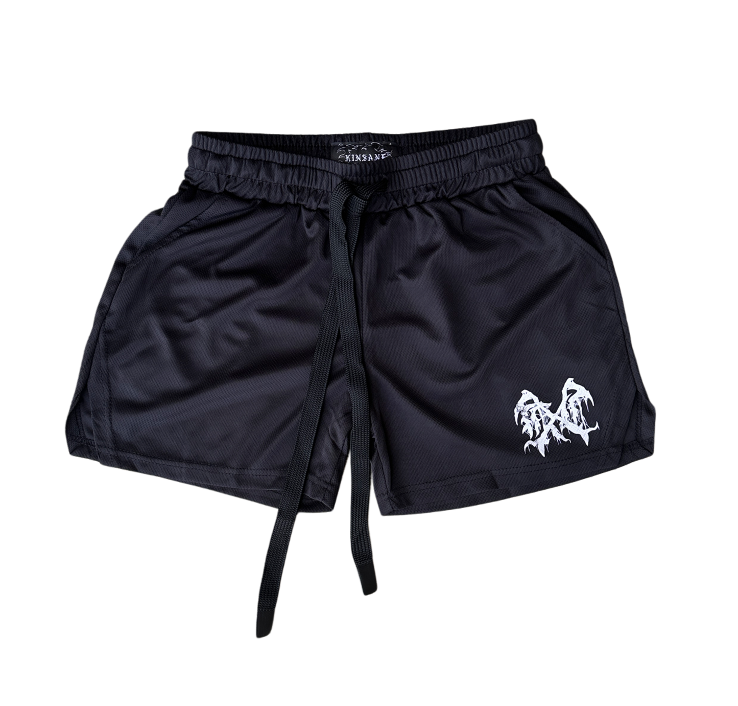 black athletic shorts with elastic waistband, drawstrings, and white graphic logo on right leg