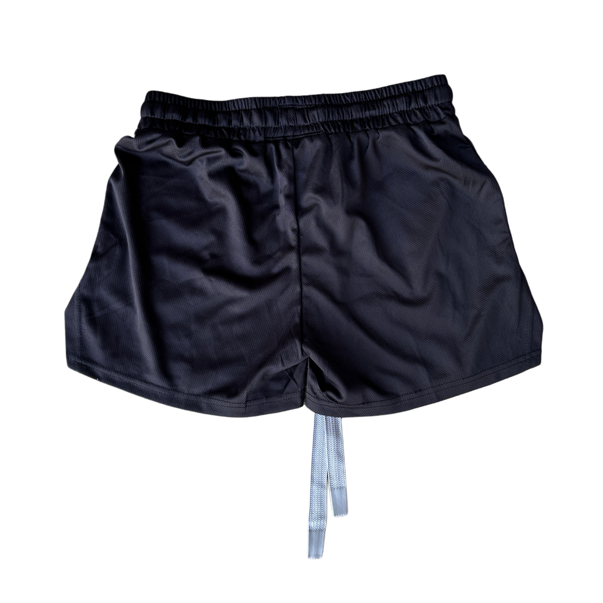 Back view of black athletic shorts with elastic waistband and gray drawstrings 