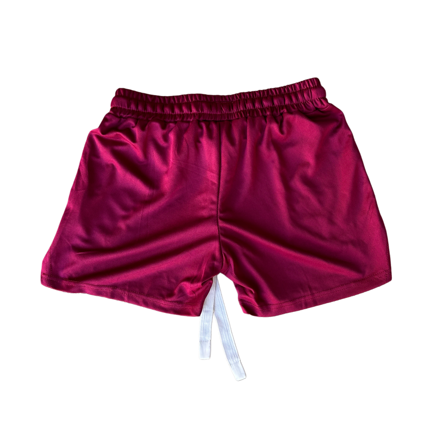 Back view of dark red athletic shorts with elastic waistband and white drawstrings 
