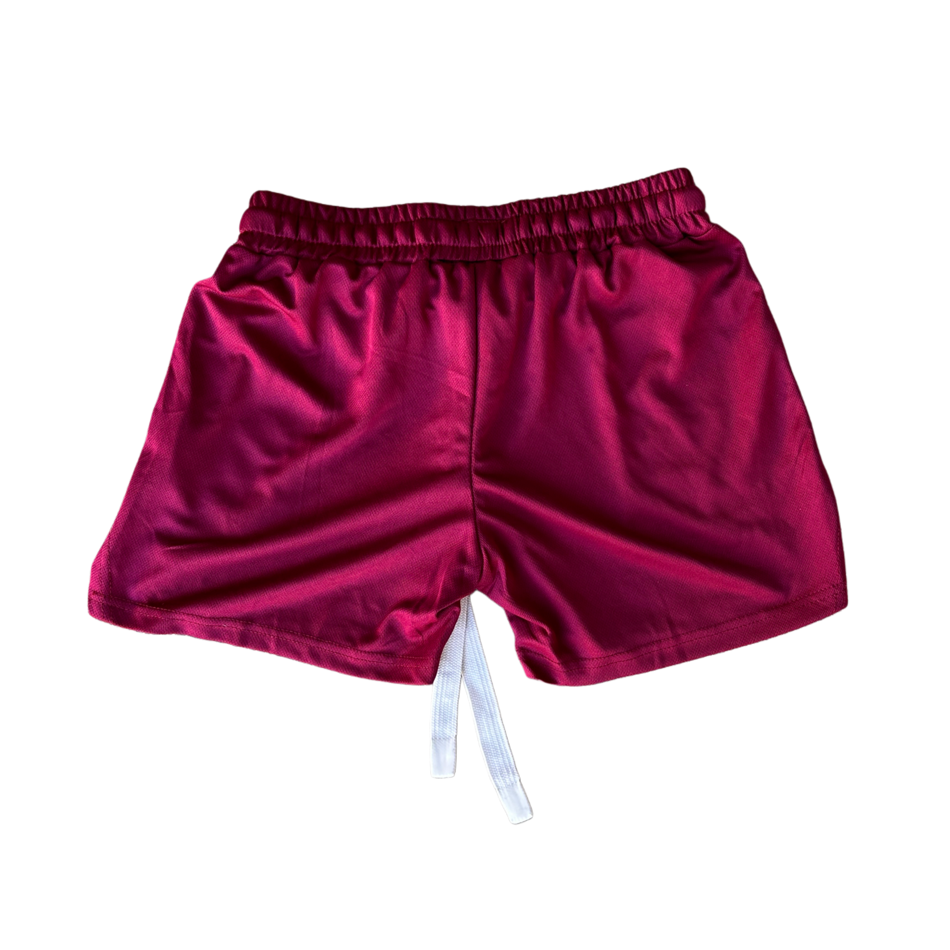 Back view of dark red athletic shorts with elastic waistband and white drawstrings 