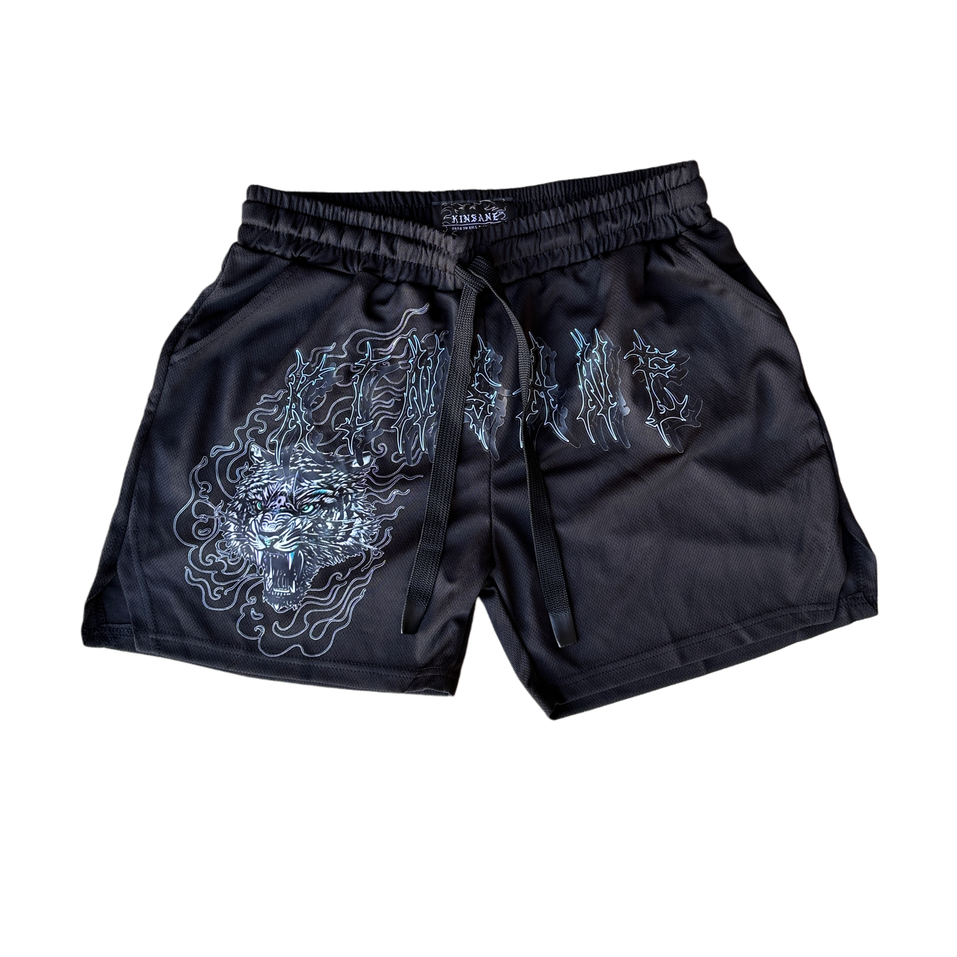 Black athletic shorts with elastic waistband and black drawstrings with a tiger on fire logo on the right leg and blue outlined lettering reading “KINSANE” across the middle 