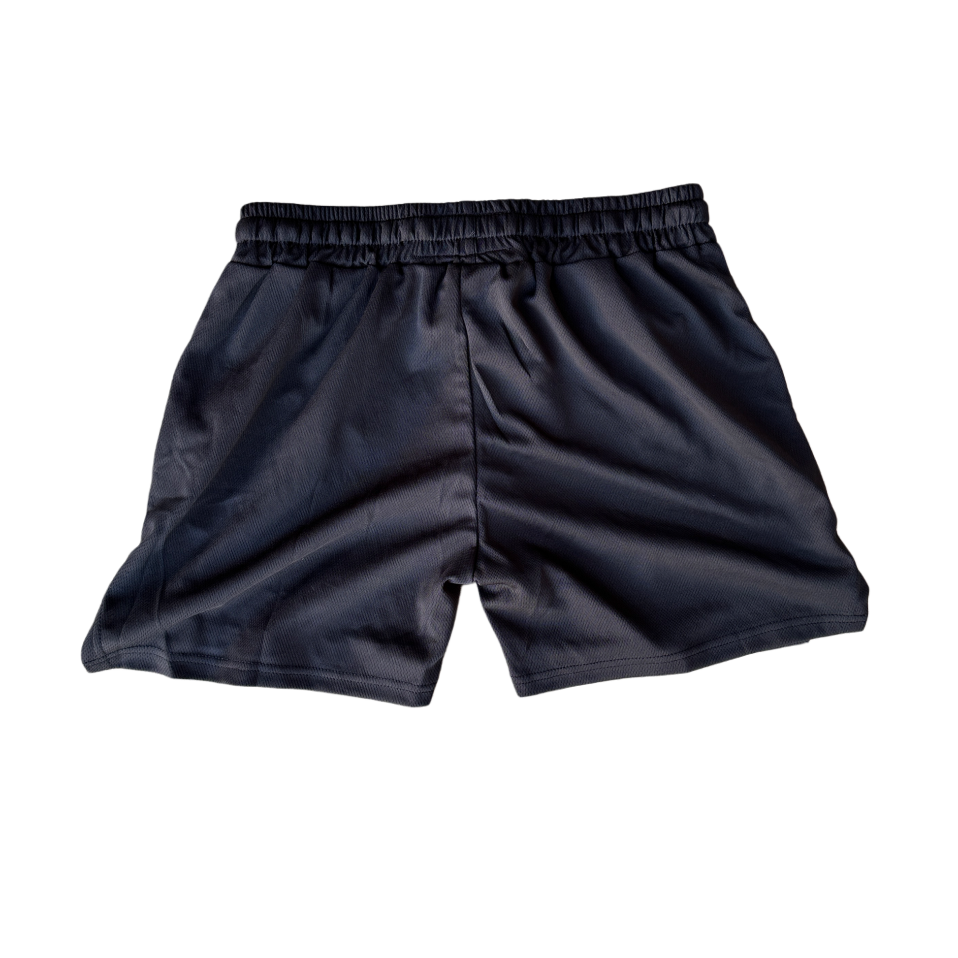 Back view of plain black athletic shorts with elastic waistband and black drawstrings