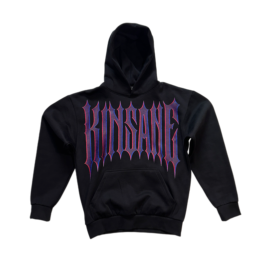 black hoodie with dark purple spiked lettering reading “KINSANE” 