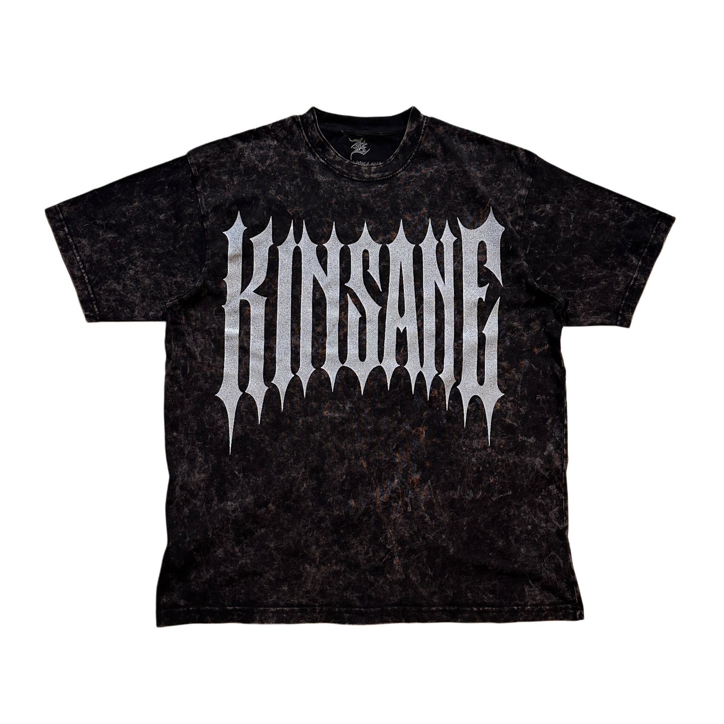 Black acid washed t-shirt with silver spiked lettering reading “KINSANE” 
