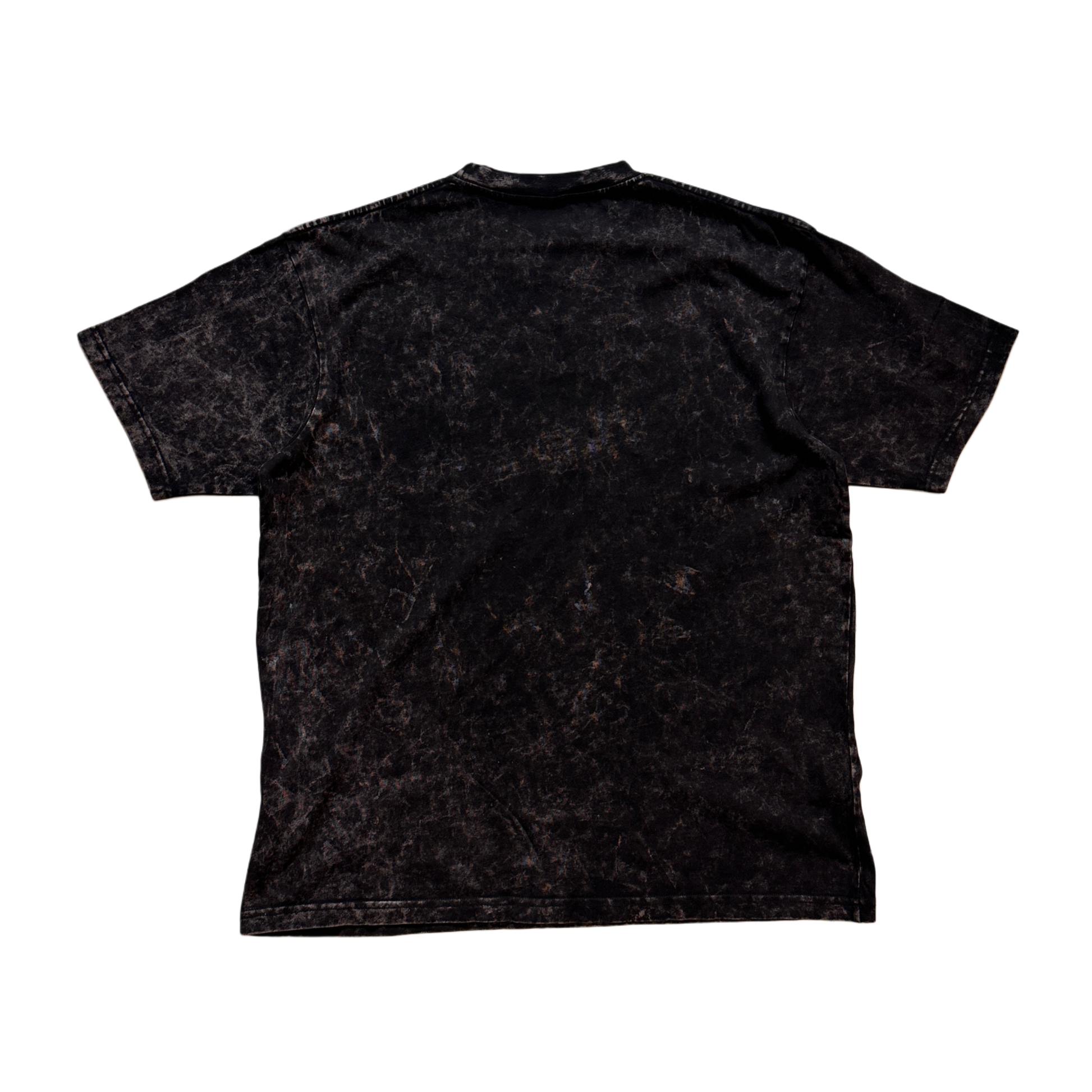 Back view of a plain black acid washed t-shirt 