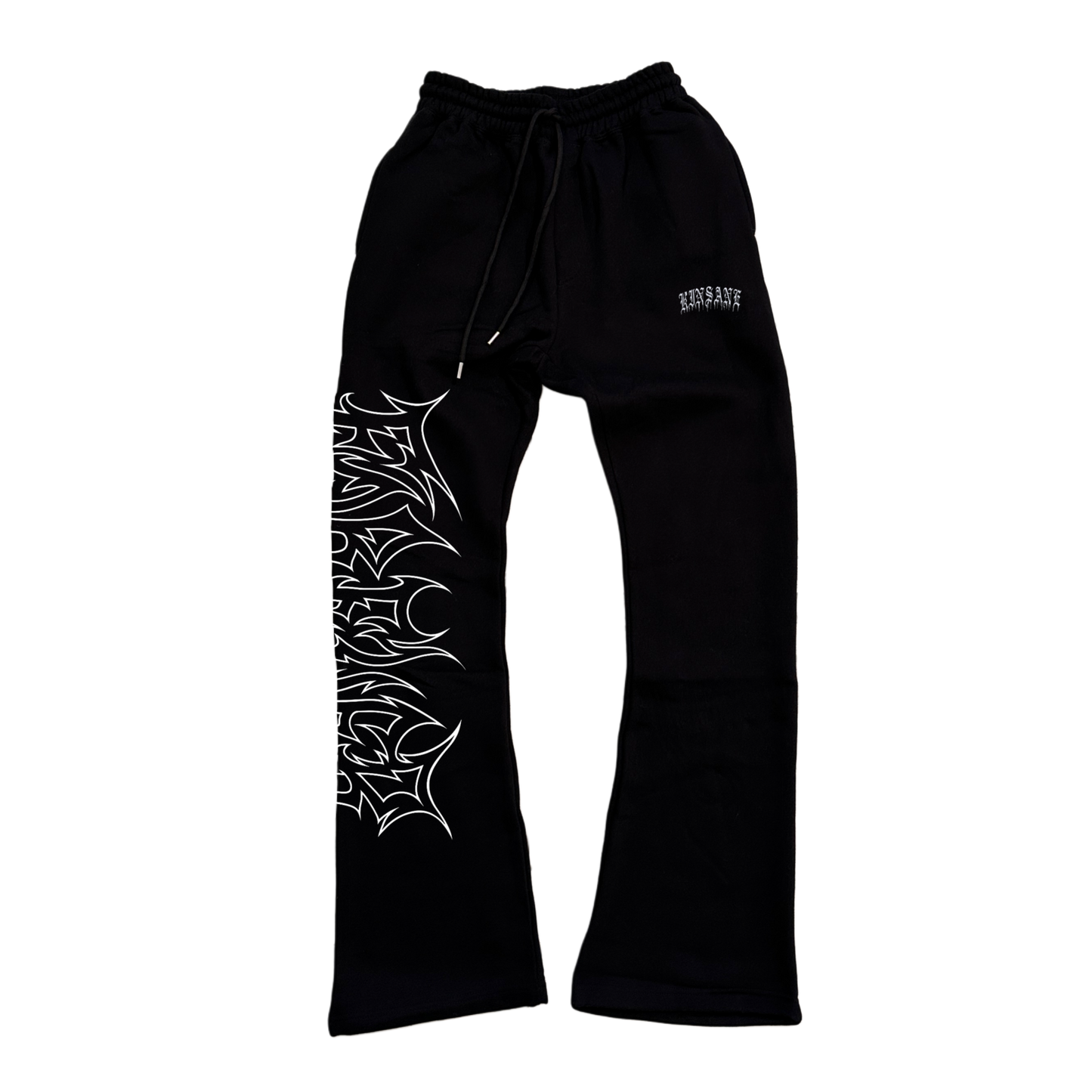 black stacked sweatpants with white outlined tribal lettering reading “forever” on the left side and white old English style lettering reading “KINSANE” on the right side 