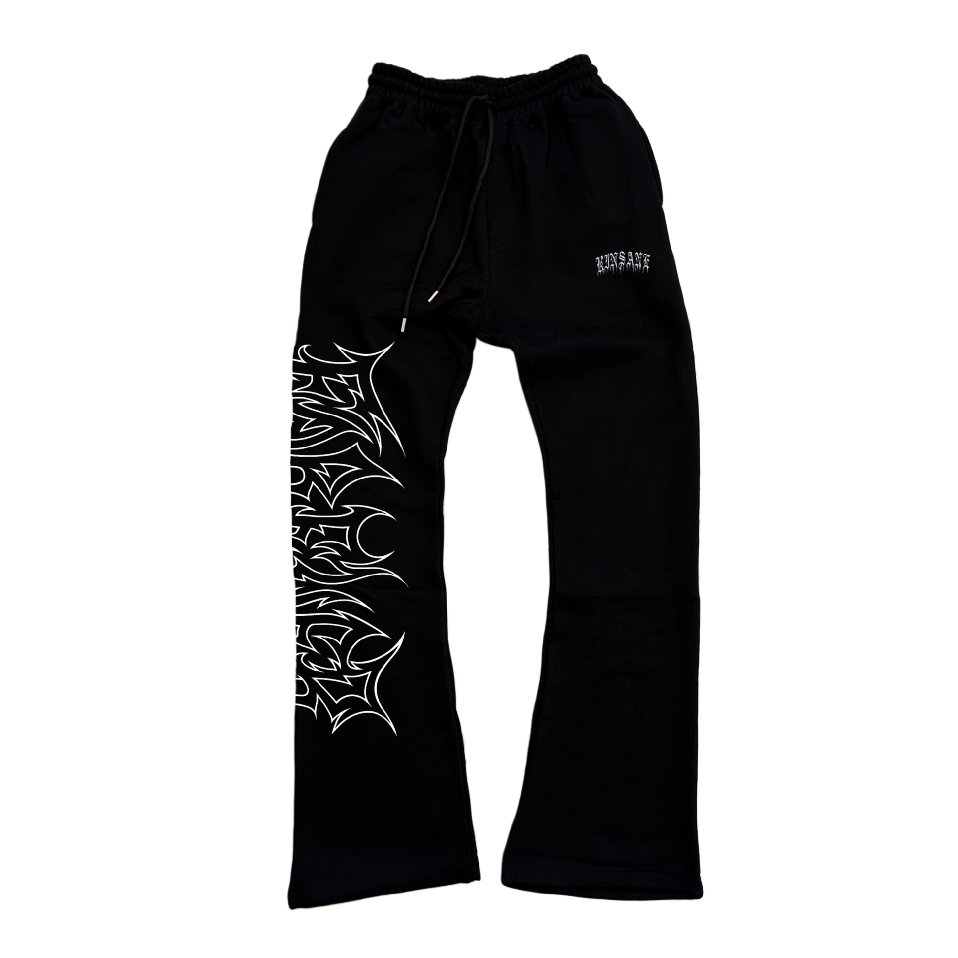 black stacked sweatpants with white outlined tribal lettering reading “forever” on the left side and white old English style lettering reading “KINSANE” on the right side 