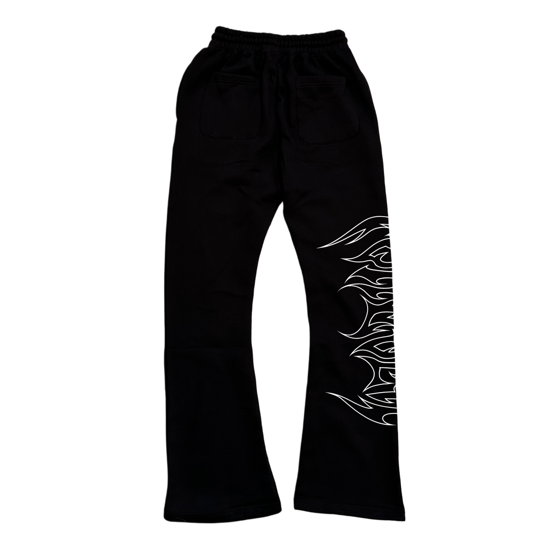 Back view of black stacked sweatpants with white outlined tribal lettering reading “forever” on the right side 