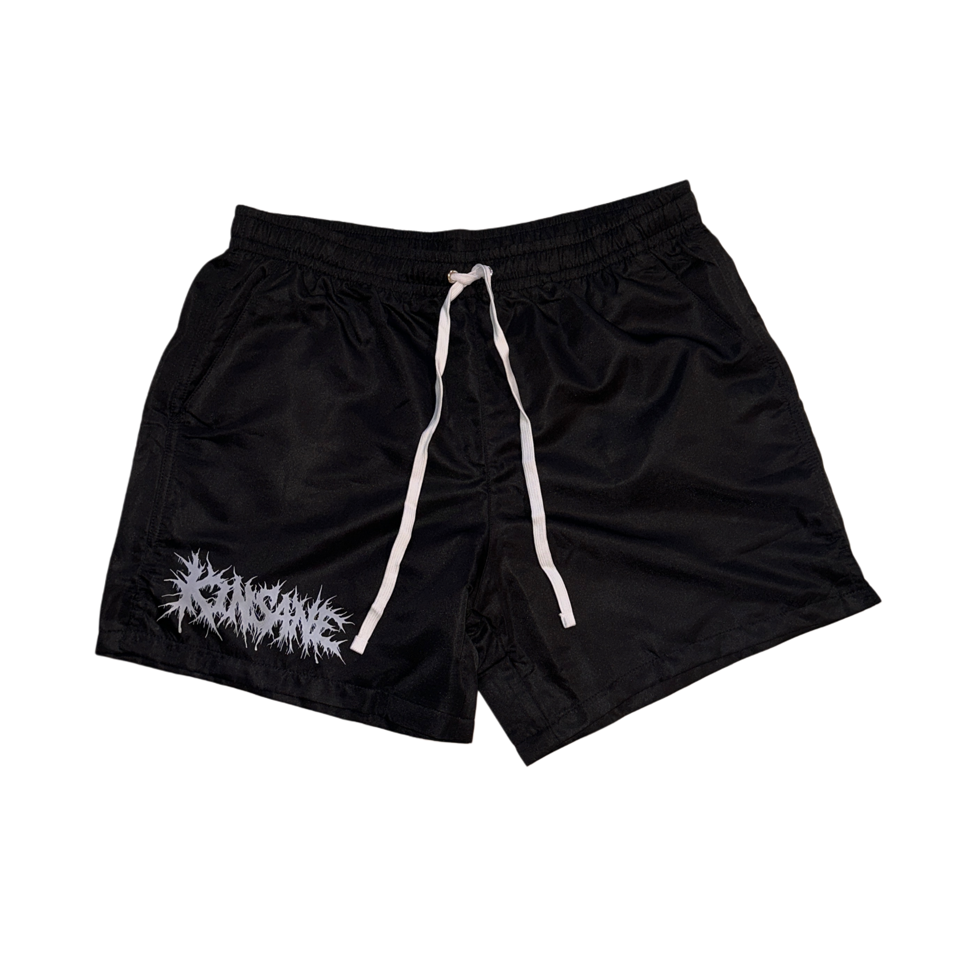 Black trunks with white drawstrings with tribal lettering reading “KINSANE” on the right leg 