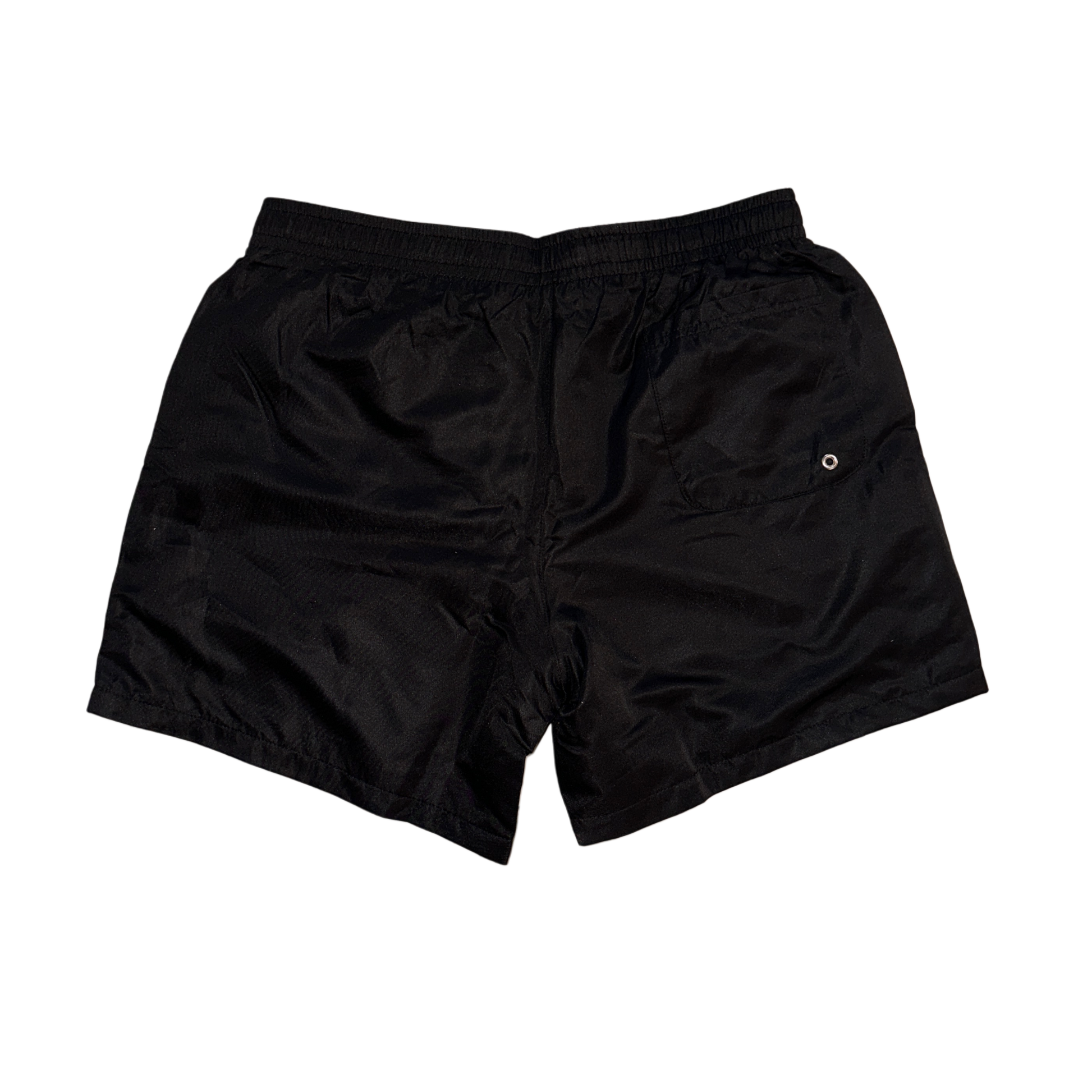 Back view of plain black trunks with white drawstrings 