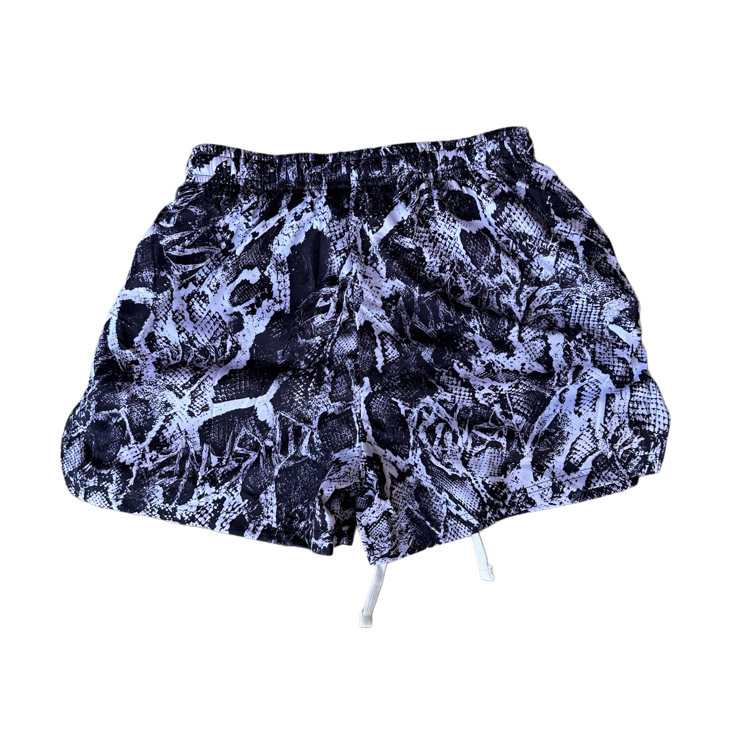 Back view of Black and white snakeskin pattern athletic shorts 