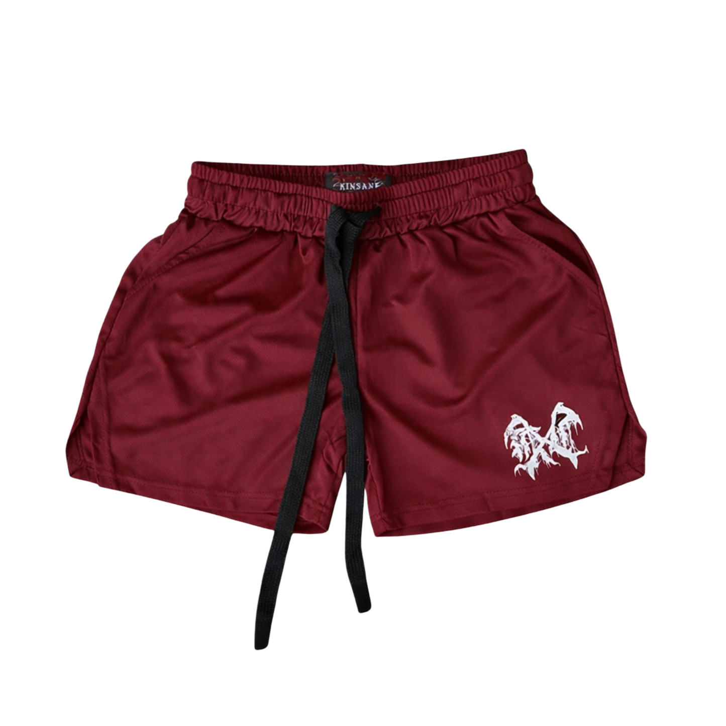 Maroon athletic shorts with black drawstrings and white logo on the left leg 