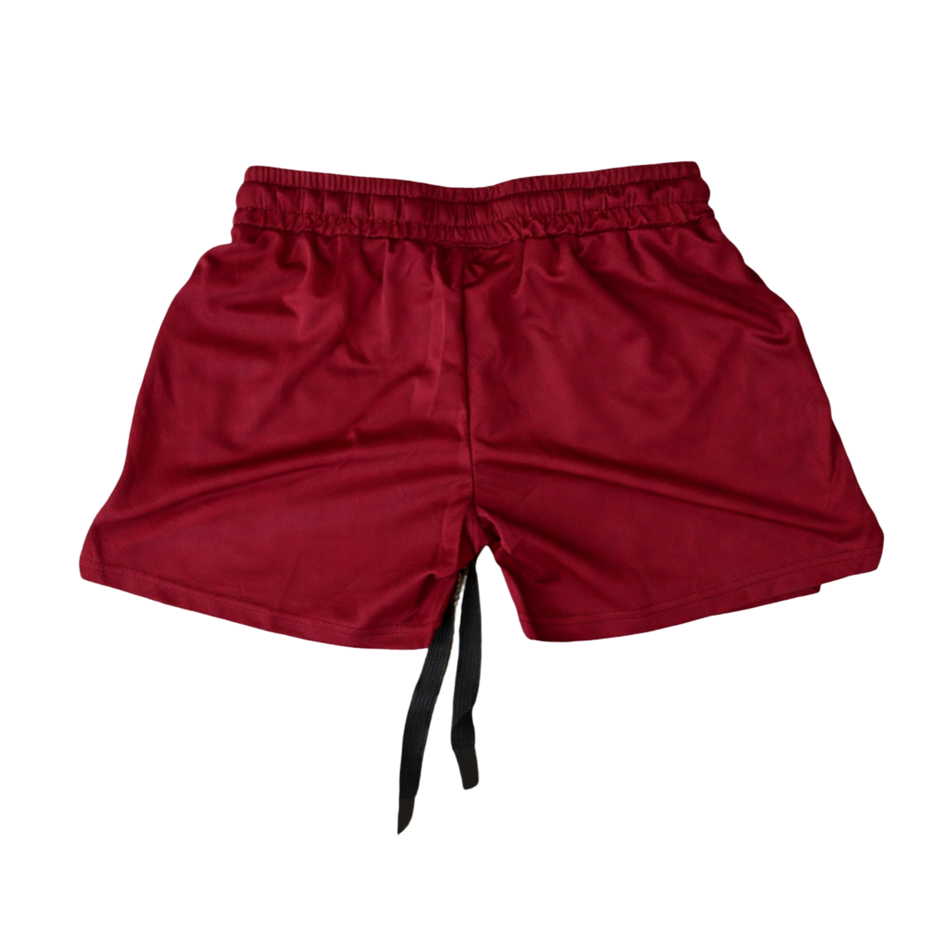 Back view of plain Maroon athletic shorts with black drawstrings 