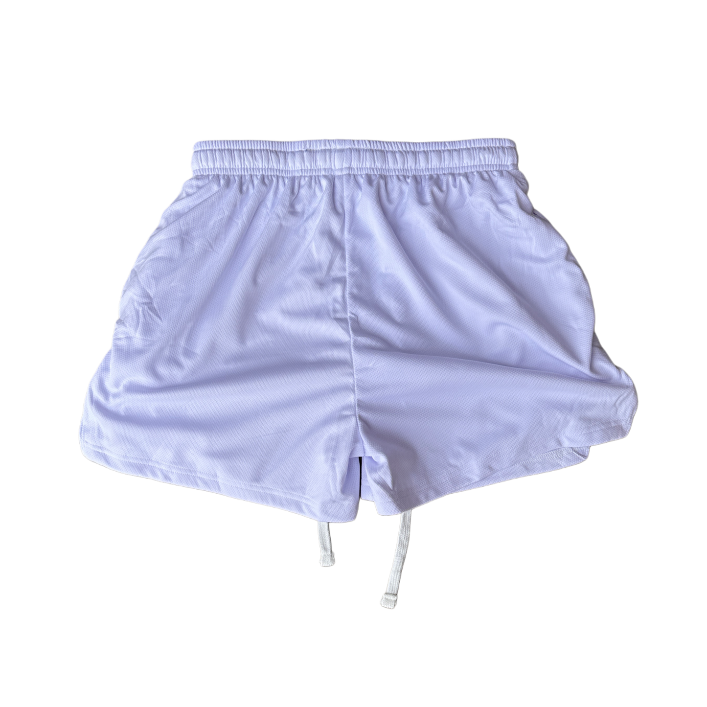 Back view of white plain athletic shorts 