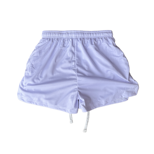 Back view of white plain athletic shorts 