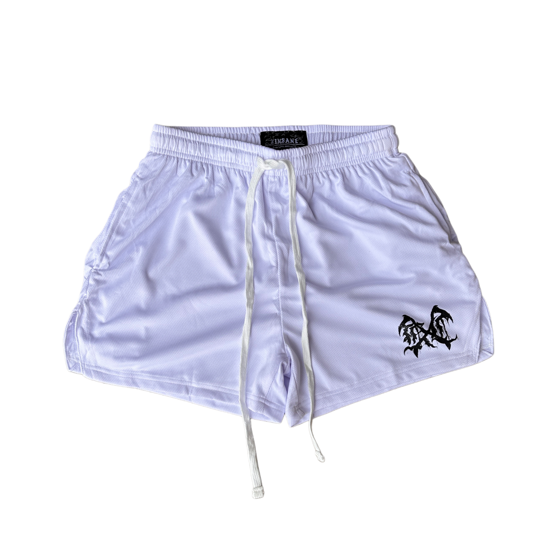White athletic shorts with white drawstrings and a black logo on the left leg 
