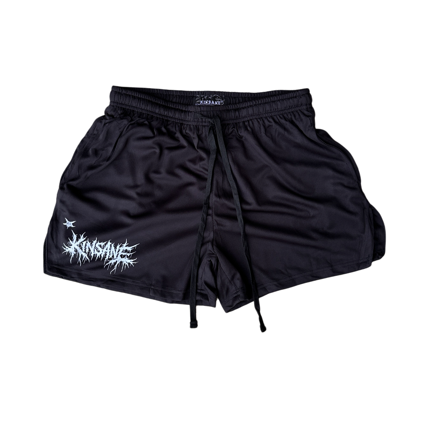 Black athletic shorts with black drawstrings and white lettering reading “KINSANE” on the right leg 