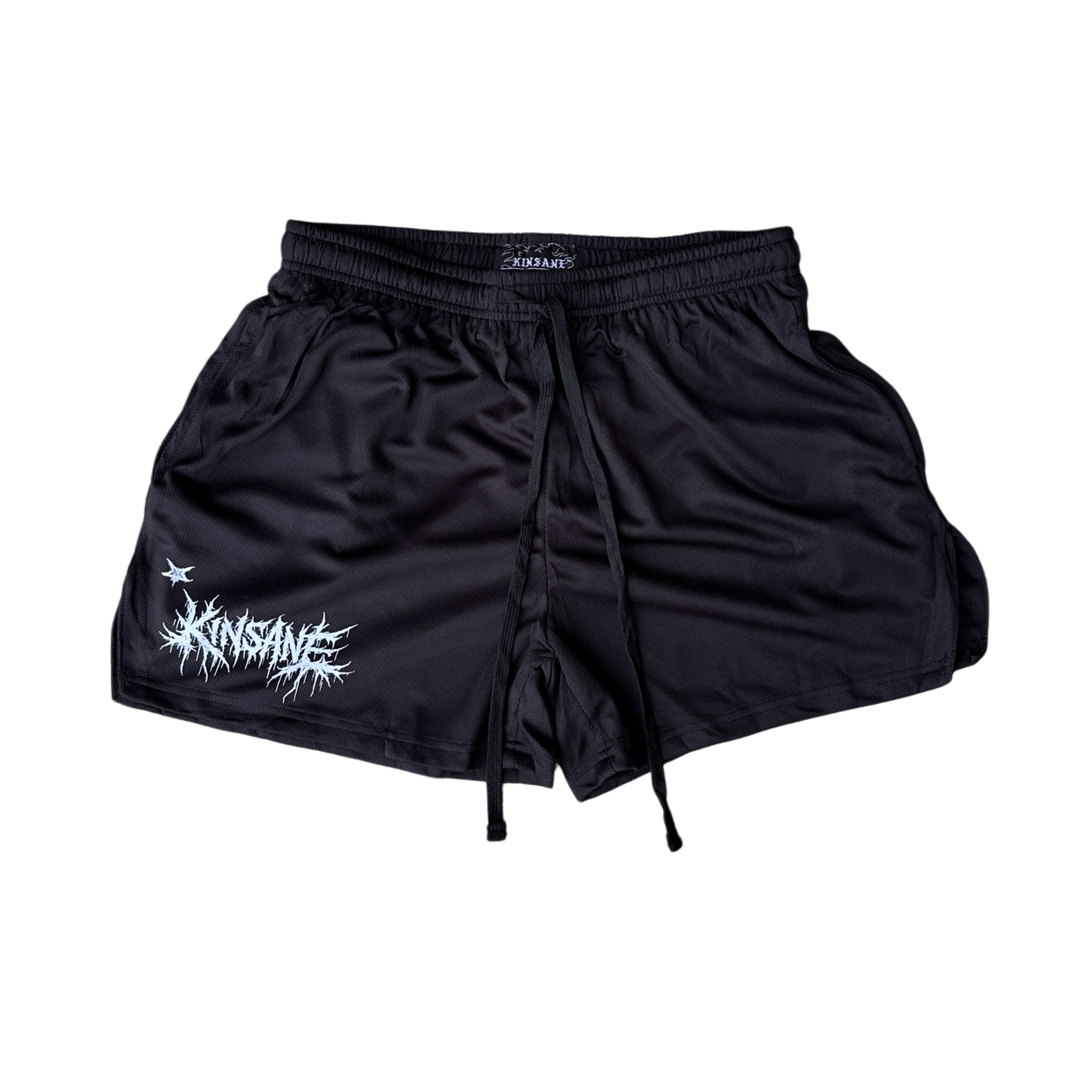 Black athletic shorts with black drawstrings and white lettering reading “KINSANE” on the right leg 