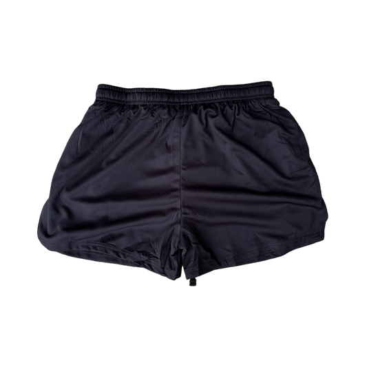 Back view of black athletic shorts 