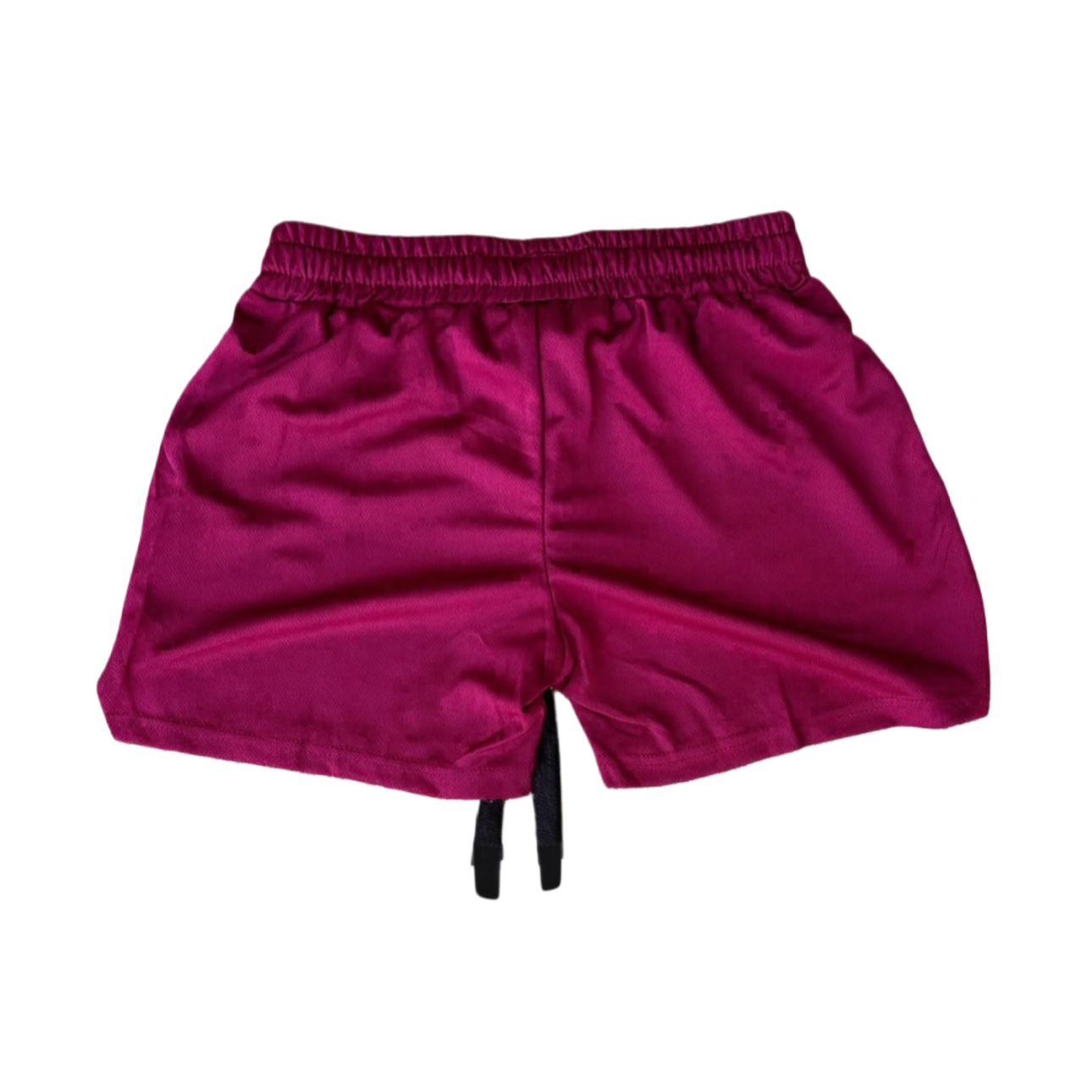 Back view of dark red athletic shorts with elastic waistband and black drawstrings 