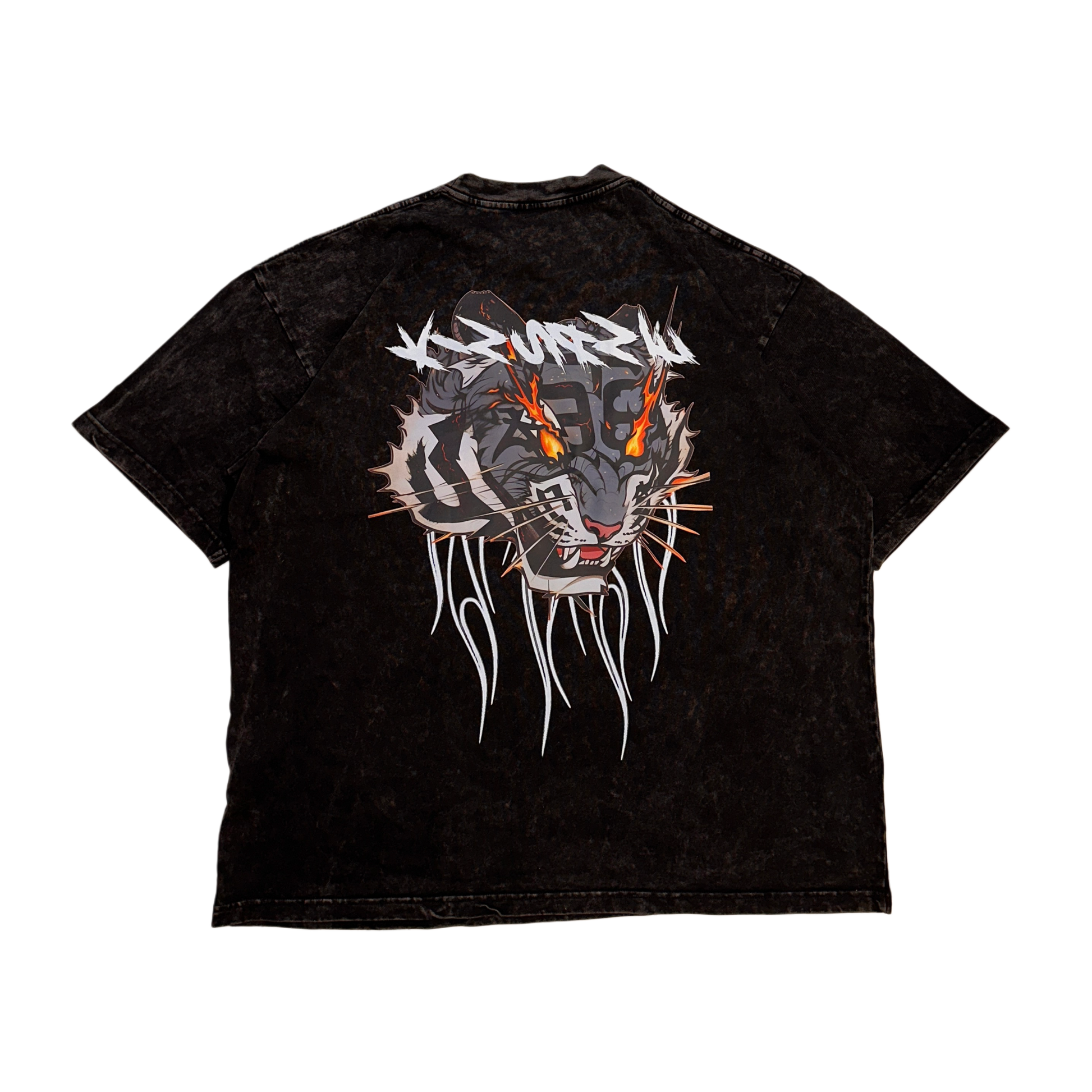 Back view of a black acid washed t-shirt with a tiger on fire design and white lettering reading “KINSANE” 